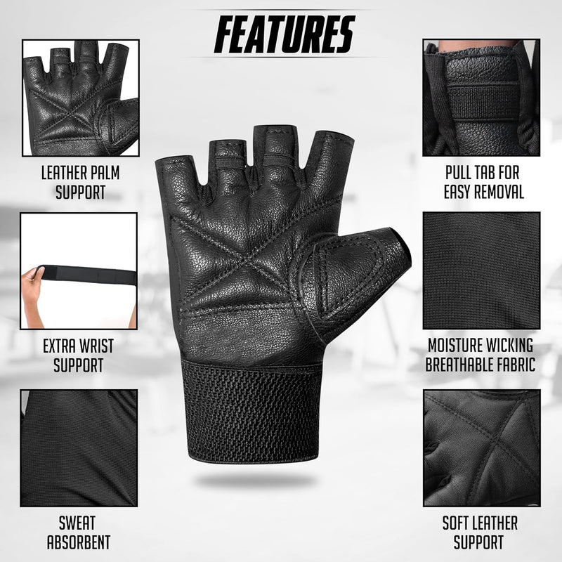 Leather Gym Gloves with Wrist Support | Padded Weightlifting Gloves