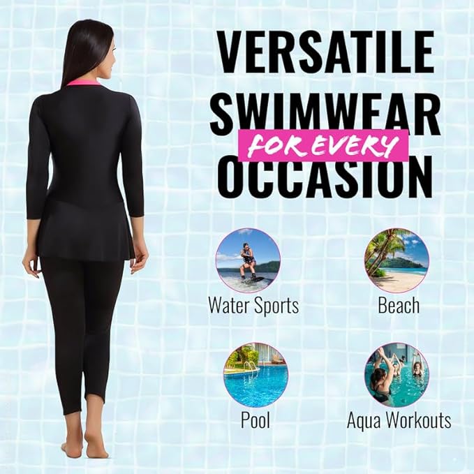 Woman in black swimsuit with text and icons on a blue grid background