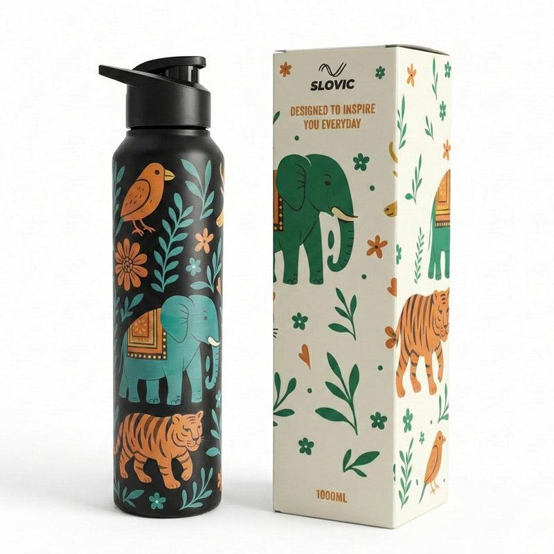 1L Stainless Steel Bottle with Art | India Design, Matt Finish