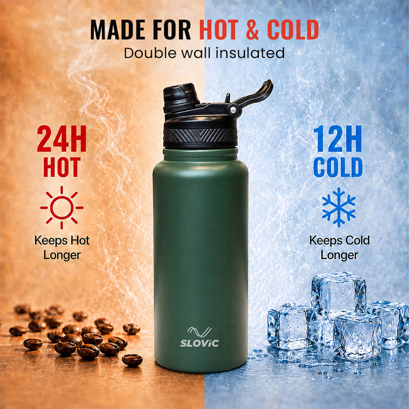 Insulated FreezeX Bottle 1L - Stainless Steel Water Bottle - Green - Gym, Sports & Travel