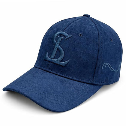 Blue baseball cap with a logo on a white background