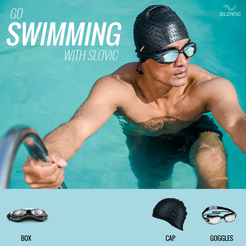 Swimming Goggles and Silicone Cap Combo for Adults – Black, Anti-Fog, UV Protection