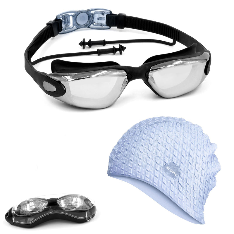 Swimming Goggles and Silicone Cap Combo – Blue, Anti-Fog, UV Protection