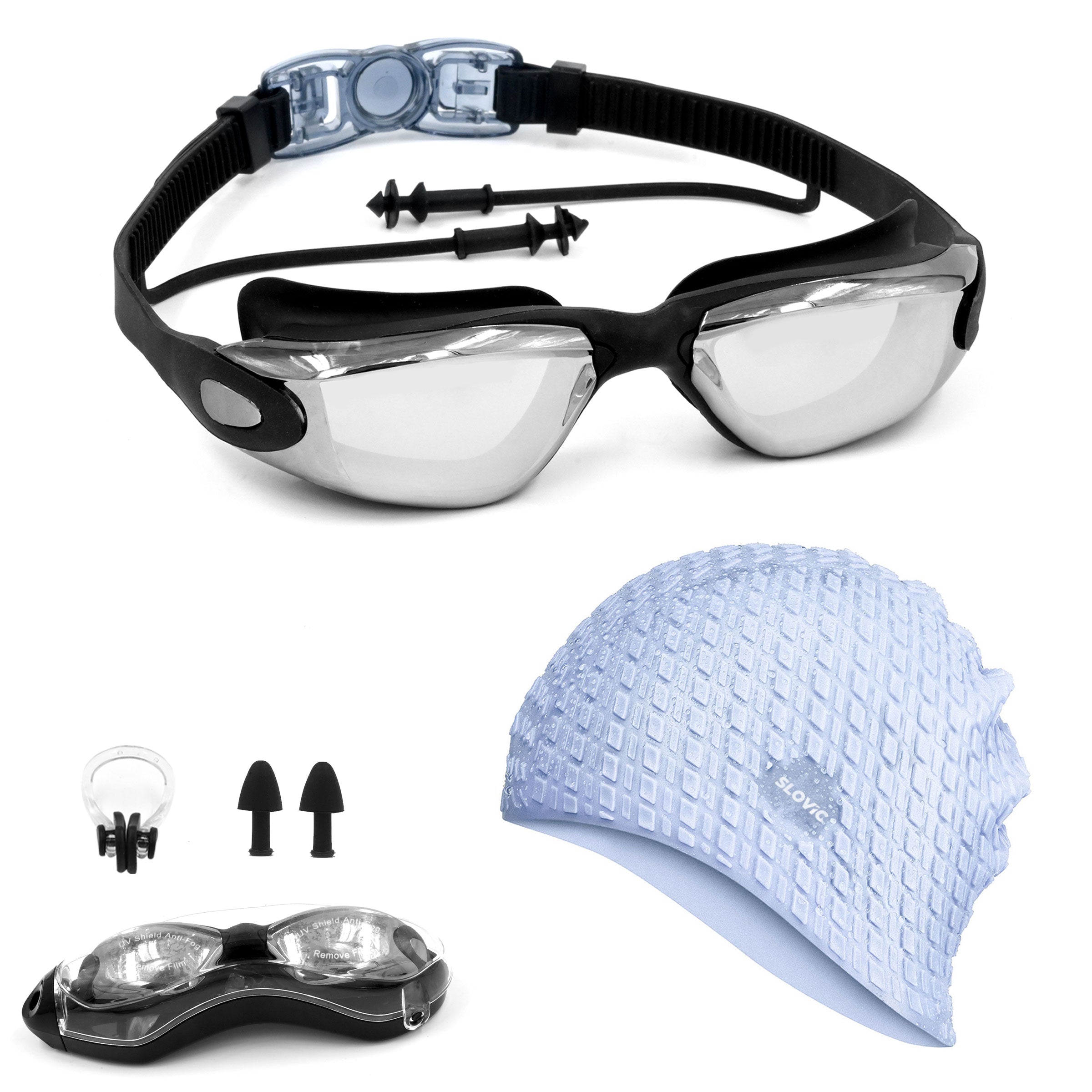Swimming Combo – Goggles & Silicone Cap, Anti‑Fog, UV Protection, Universal Fit (Black + Blue)