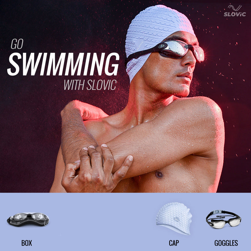 Swimming Goggles and Silicone Cap Combo – Blue, Anti-Fog, UV Protection