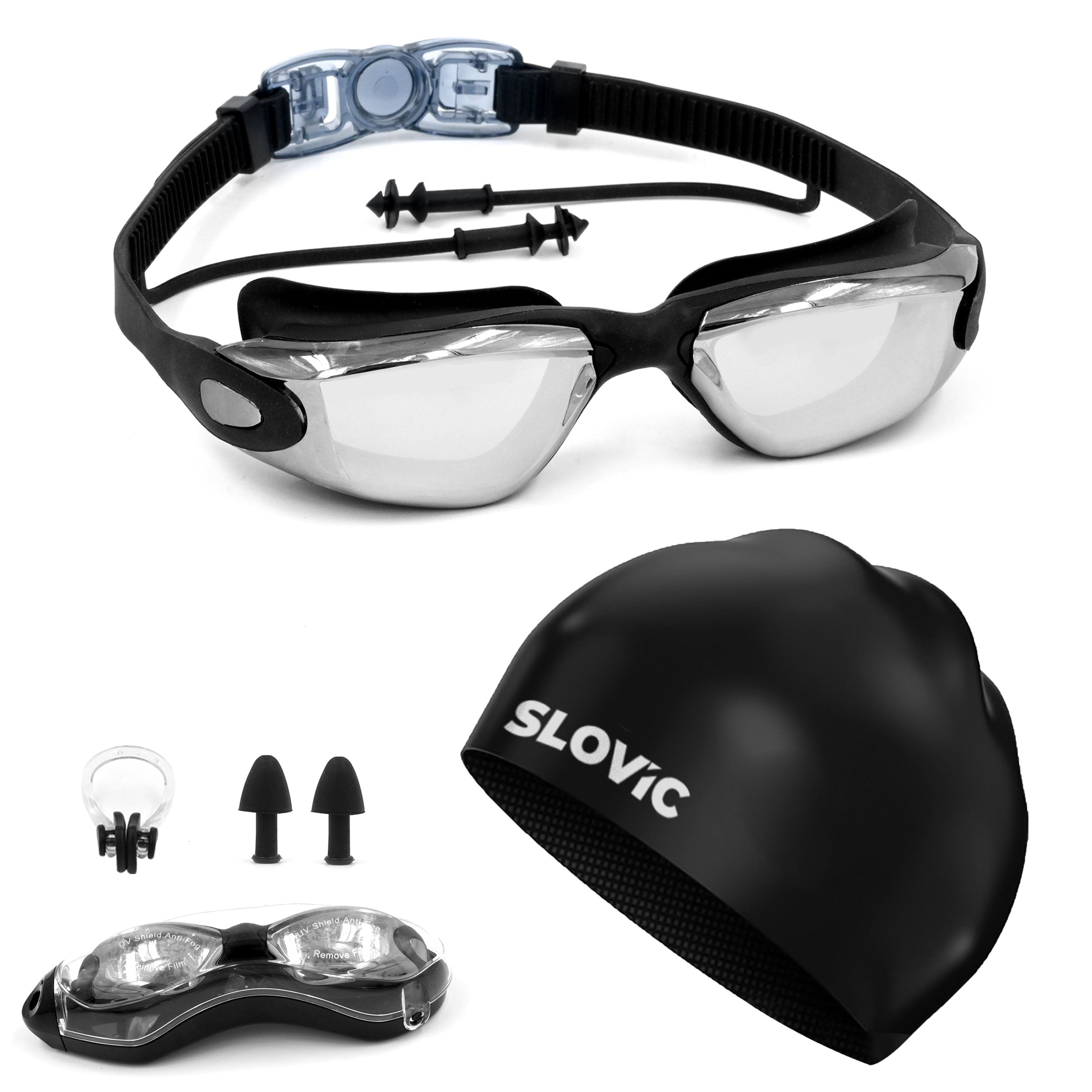 Swimming Combo – Goggles & Silicone Cap, Anti‑Fog, UV Protection | Adult | Unisex | Black