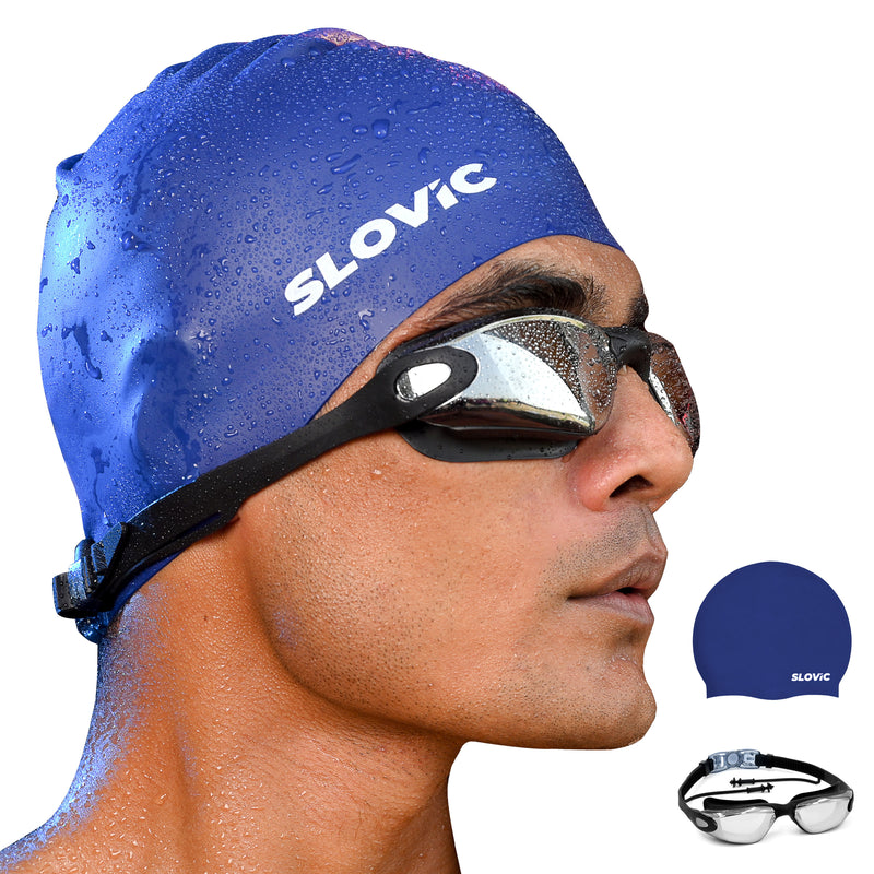 Swimming Combo – Goggles & Silicone Cap, Anti‑Fog, UV Protection (Black & Blue)