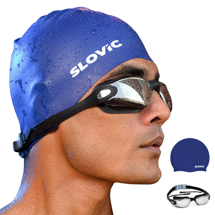 Swimming Combo – Goggles & Silicone Cap, Anti‑Fog, UV Protection (Black & Blue)