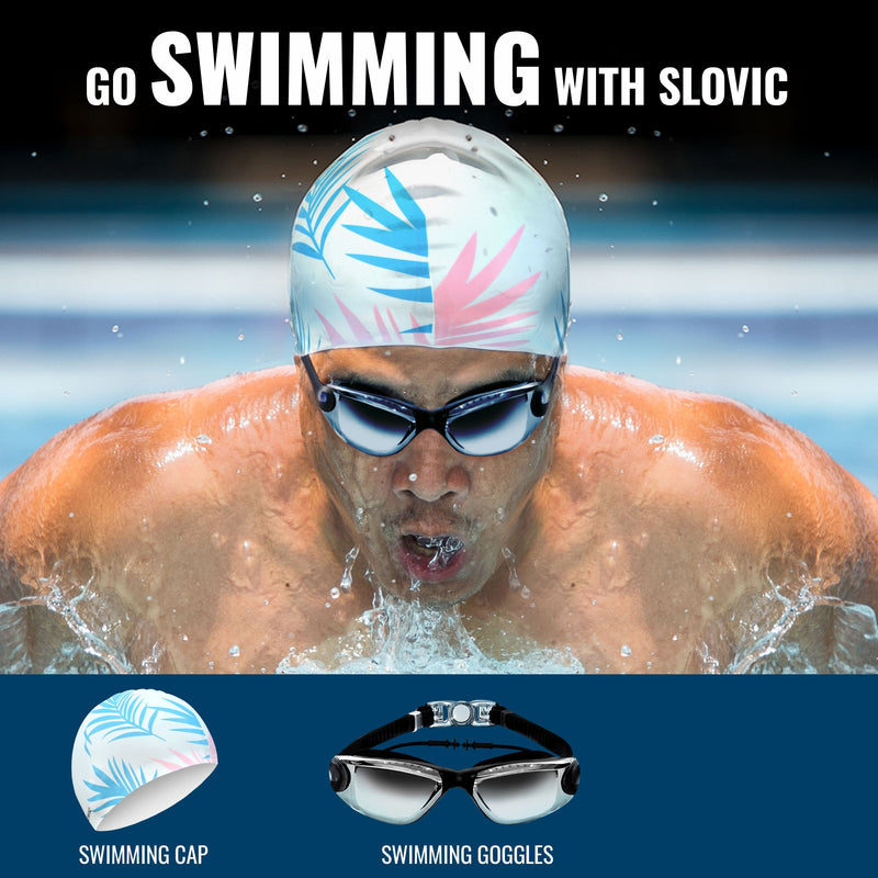 Swimming Combo – Goggles & Silicone Cap, Anti‑Fog, UV Protection - Adult - (White Leaf & Black)