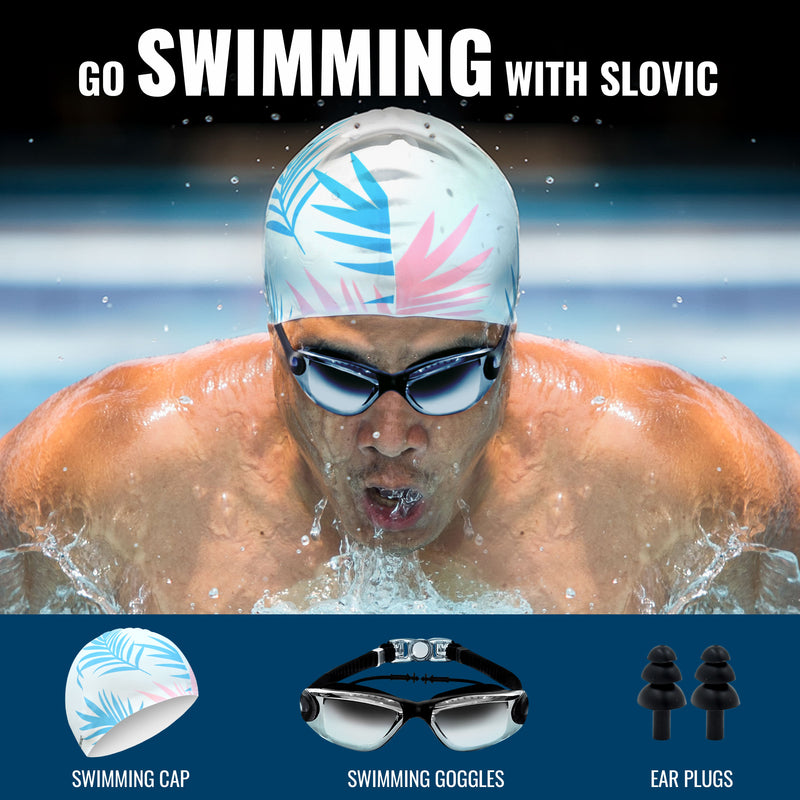 Swimming Combo – Goggles & Silicone Cap, Anti‑Fog, UV Protection | Adult | (White Leaf & Black)