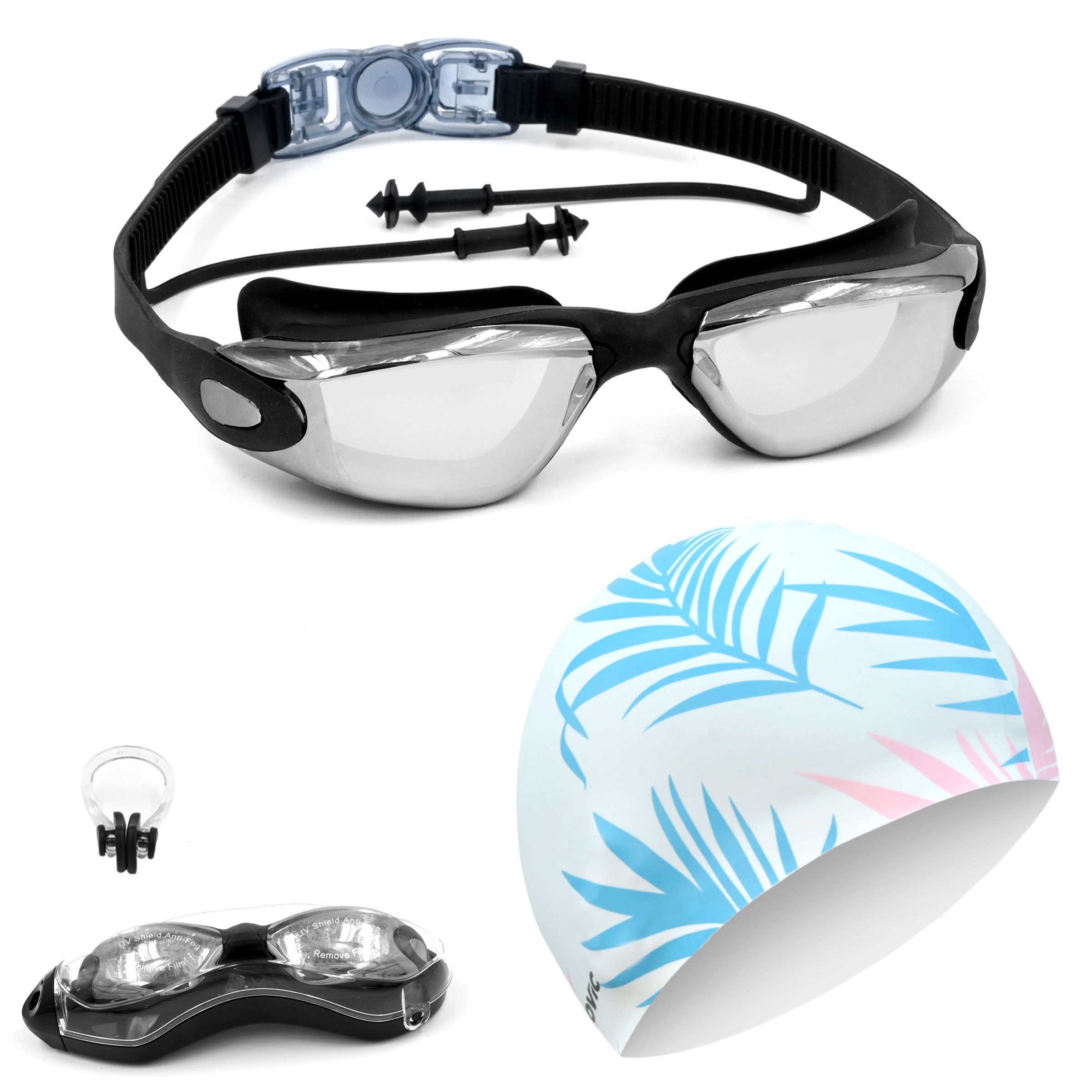 Swimming Combo – Goggles & Silicone Cap, Anti‑Fog, UV Protection | Adult | (White Leaf & Black)