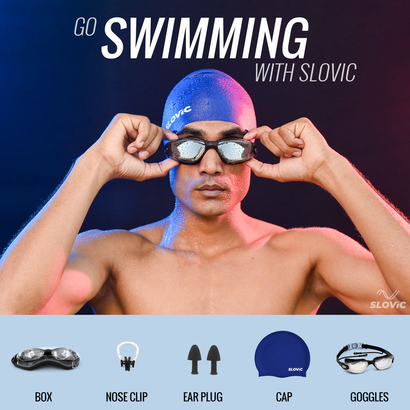 Swimming Combo – Goggles & Silicone Cap, Anti‑Fog, UV Protection (Black & Blue)