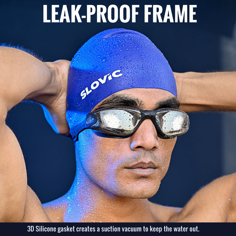 Swimming Combo – Goggles & Silicone Cap, Anti‑Fog, UV Protection (Black & Blue)