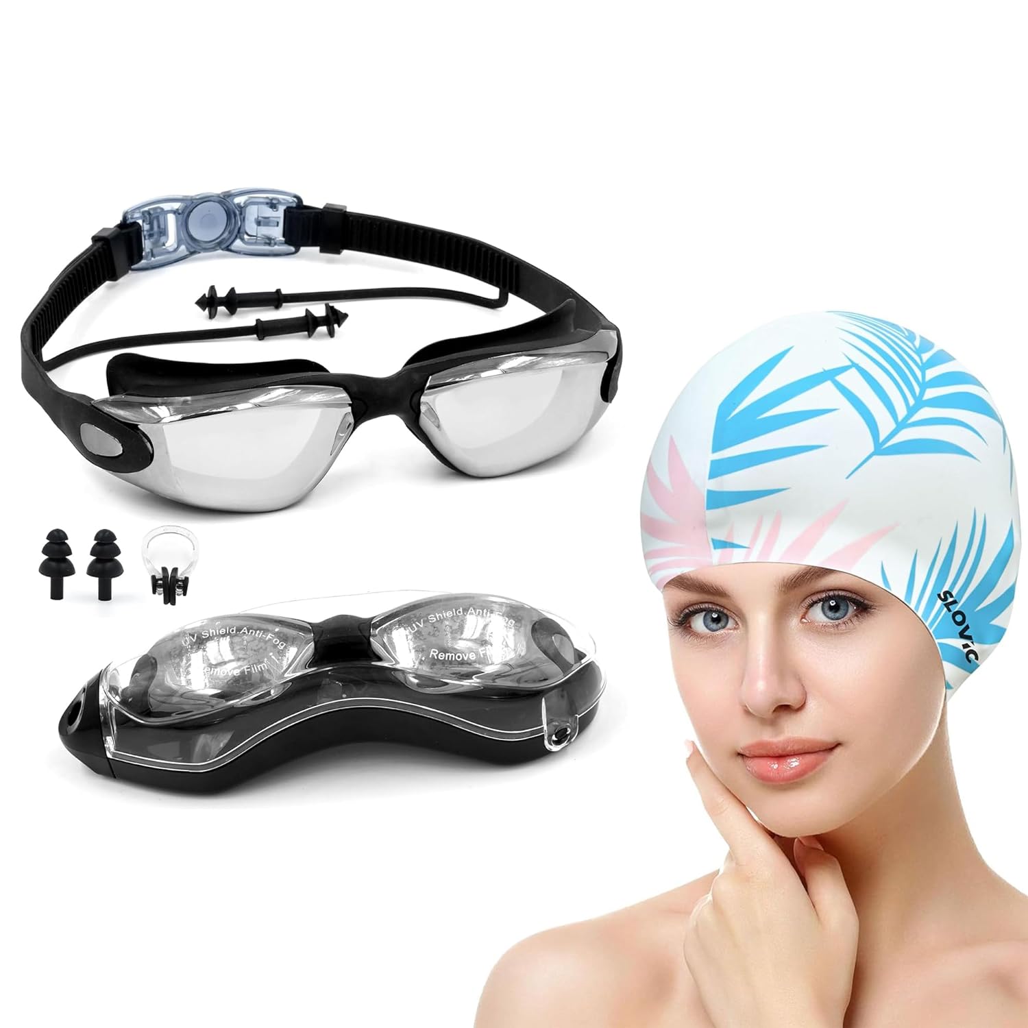 Swimming Combo – Goggles & Silicone Cap, Anti‑Fog, UV Protection | Adult | (White Leaf & Black)