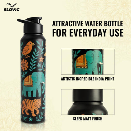 1L Stainless Steel Bottle with Art | India Design, Matt Finish