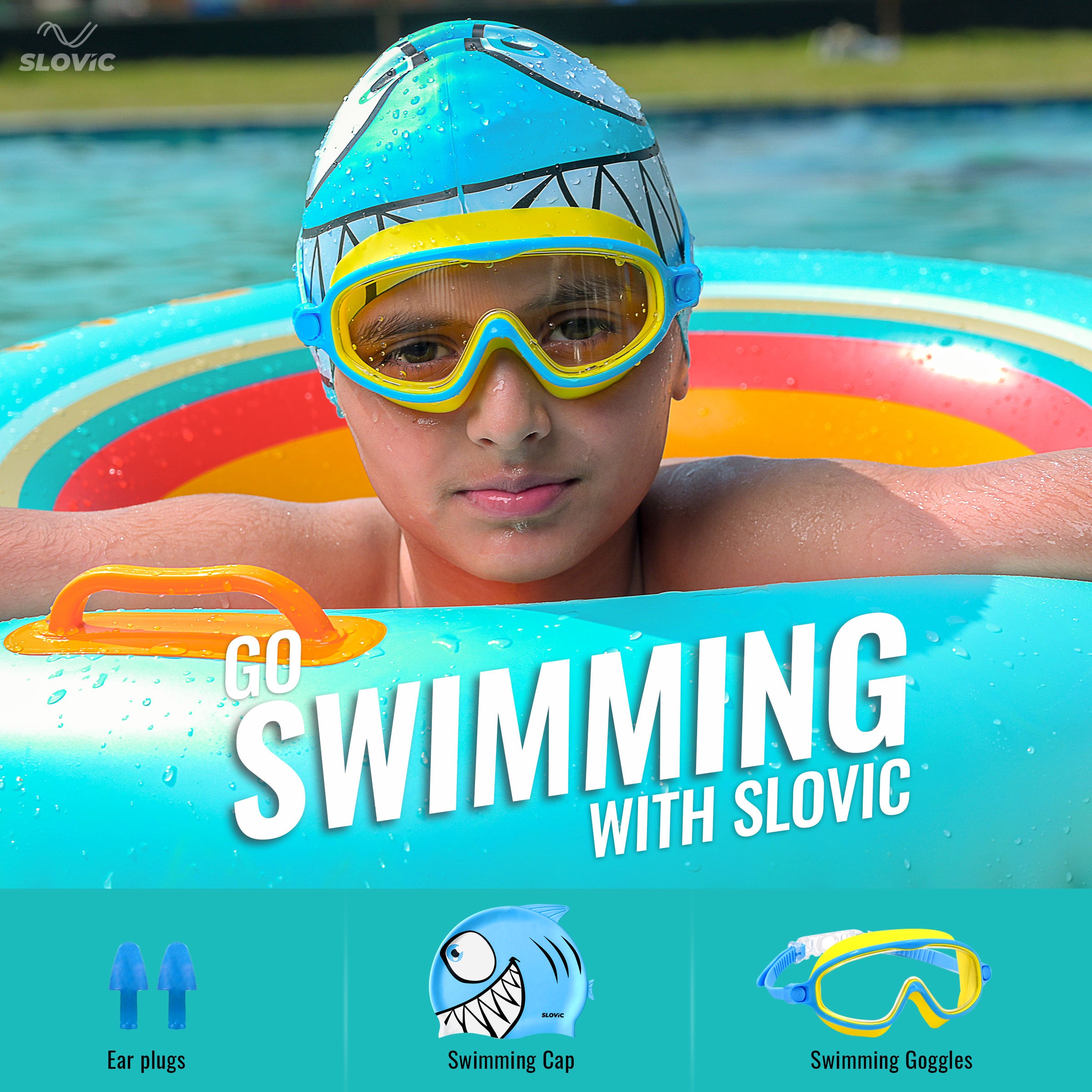 Shark Swimming Combo For Boys – Cap, Goggles & Plugs | UV, Anti-Fog, Anti-Chlorine