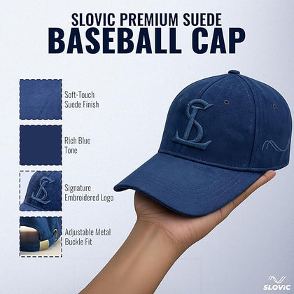 Blue baseball cap with branding and feature text on a white background