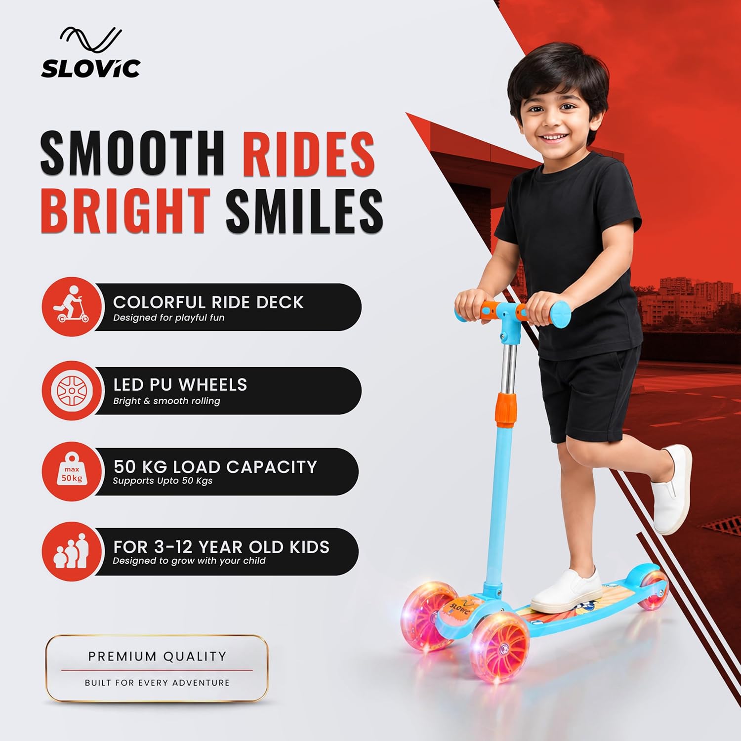LED Kick Scooter - 3-Wheel, Adjustable & Foldable