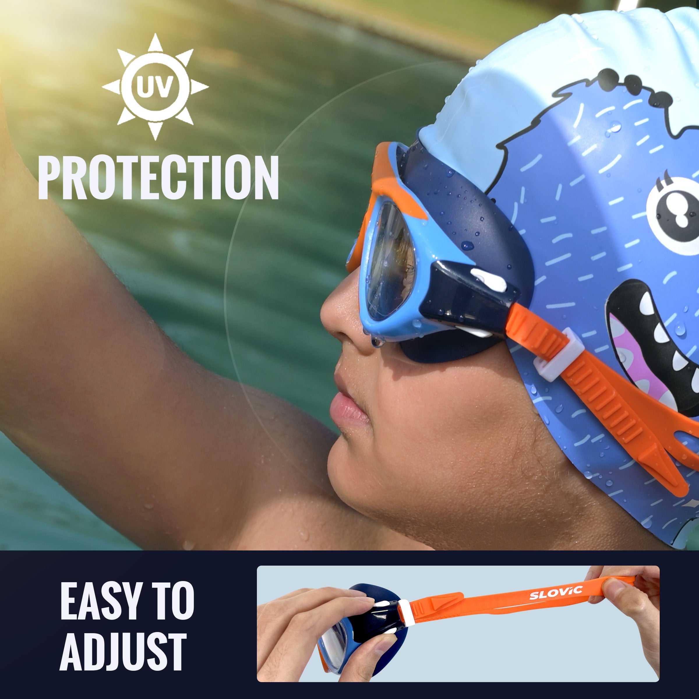 Swimming Goggles for Kids (Orange) – UV & Anti-Fog | Includes Ear Plugs & Nose Clip