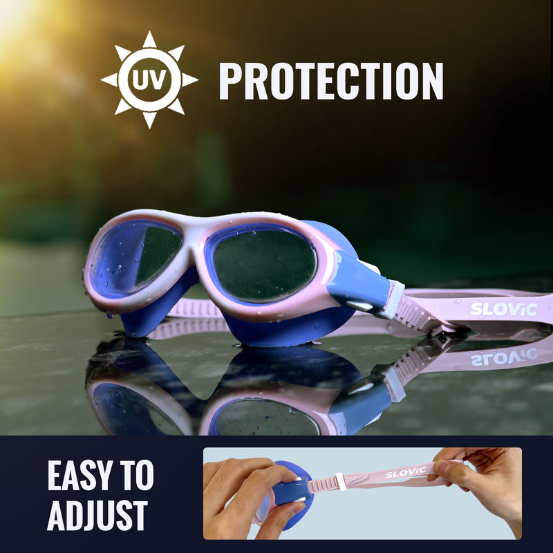 Swimming Goggles for Kids (Pink) – UV & Anti-Fog | Includes Ear Plugs & Nose Clip
