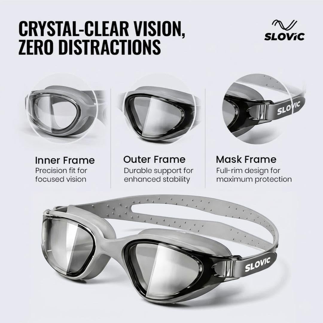 Swimming Goggles – Anti-Fog, UV Protection, Unisex, Easy-Adjust & Tangle-Free (Grey)