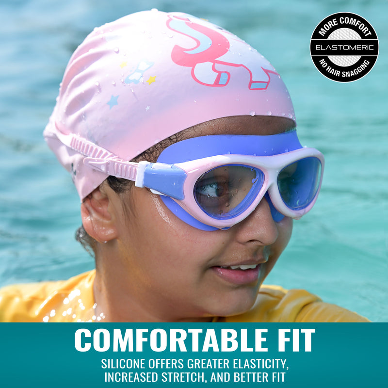 Unicorn Print Swim Cap for Girls (Pink) – 100% Silicone - Anti-Chlorine, Tear-Resist