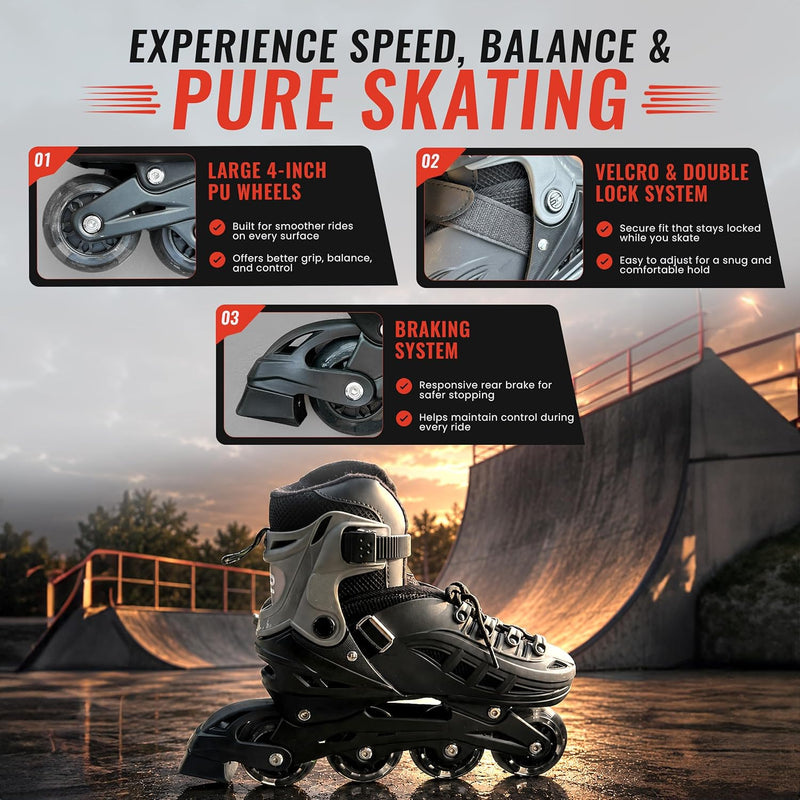 Inline Skating Shoes for Kids - 4 Wheel Roller Skates with Aluminium Frame & ABEC Bearings - Indoor & Outdoor Skates