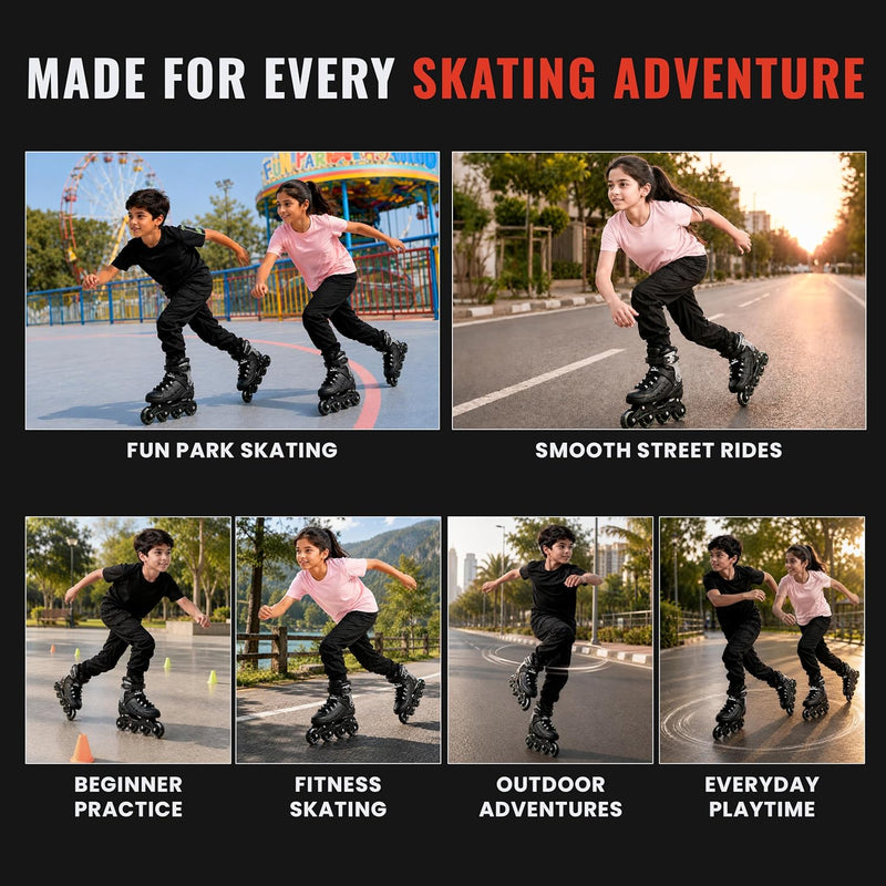 Inline Skating Shoes for Kids - 4 Wheel Roller Skates with Aluminium Frame & ABEC Bearings - Indoor & Outdoor Skates