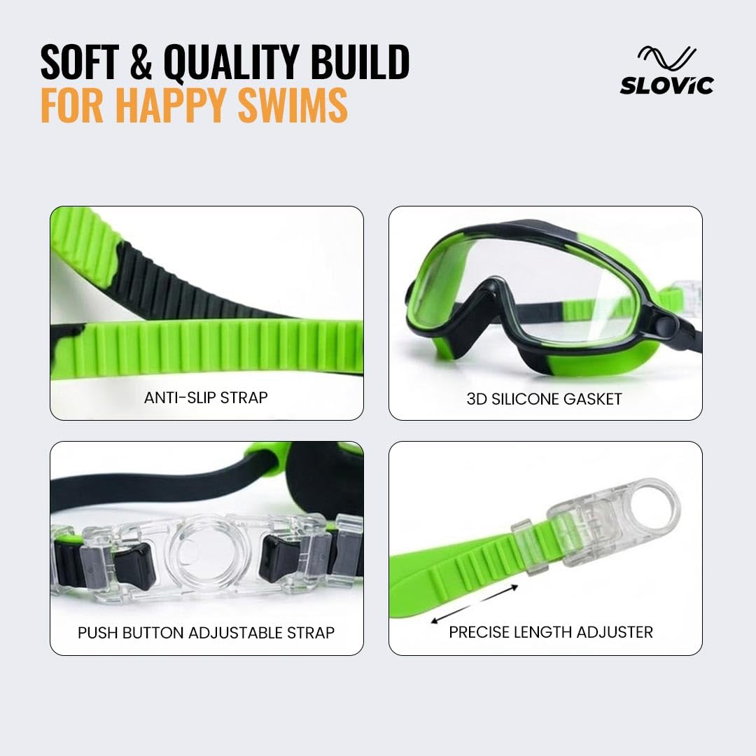 Swimming Goggles for Kids (Green) – UV & Anti-Fog | Includes Ear Plugs & Nose Clip