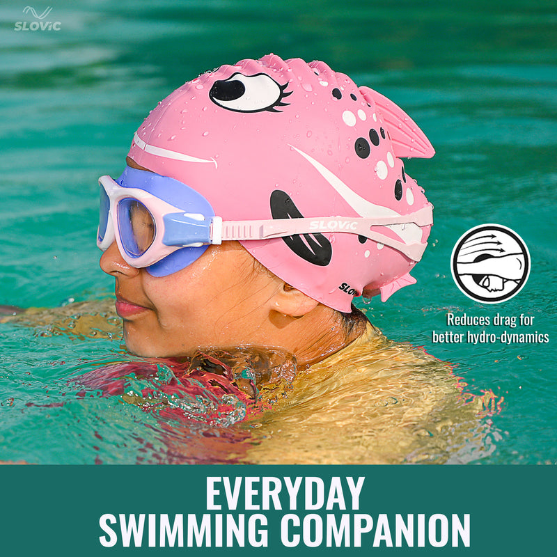 Fish Print Swim Cap for Girls (Pink) – 100% Silicone - Anti-Chlorine, Tear-Resist, Reduces Drag