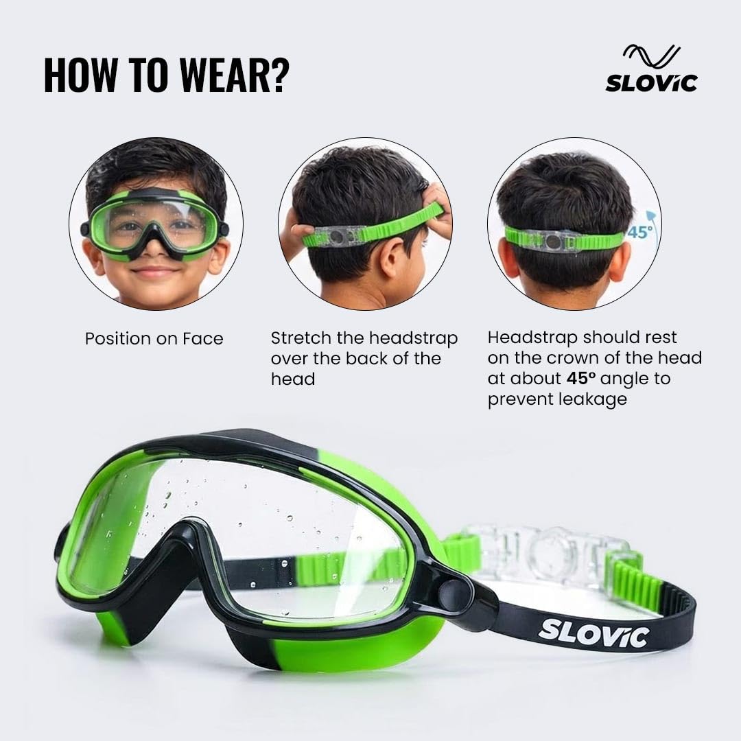 Swimming Goggles for Kids (Green) – UV & Anti-Fog | Includes Ear Plugs & Nose Clip