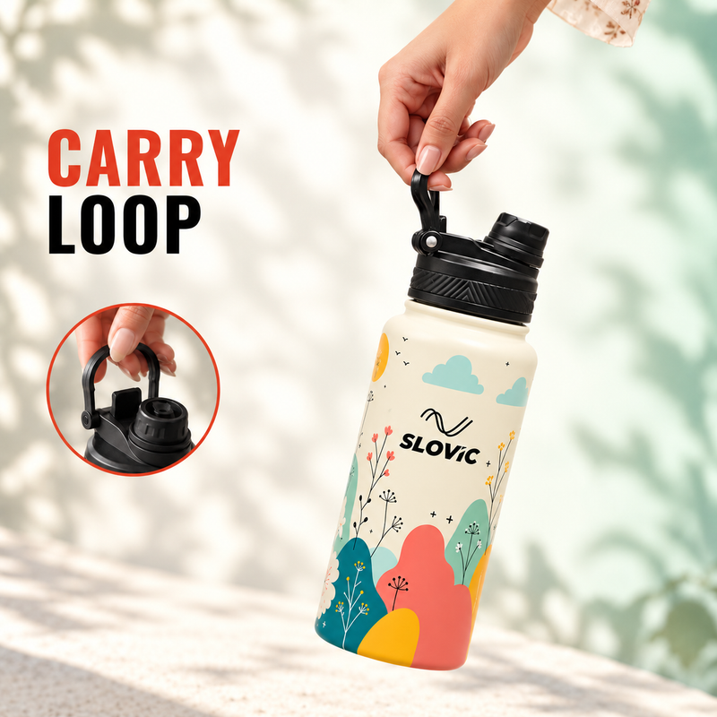 Insulated Water Bottle - 1 Litre - Up to 24 Hrs Hot & 12 Hrs Cold - Meadow Design