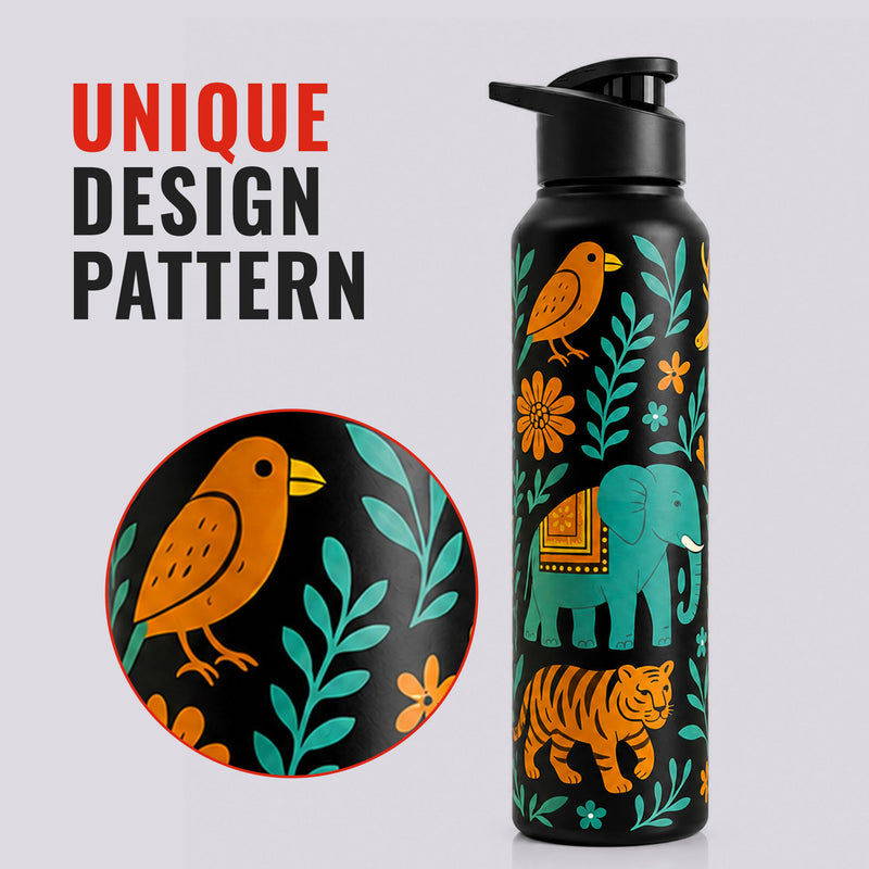 1L Stainless Steel Bottle with Art - India Design, Matt Finish