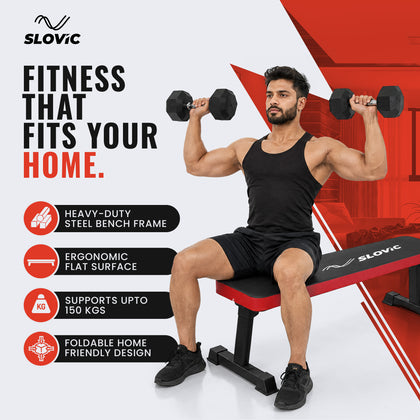 A man sits on a red and black SLOVIC adjustable weight bench holding dumbbells overhead, with promotional text and feature icons on a white and red background.