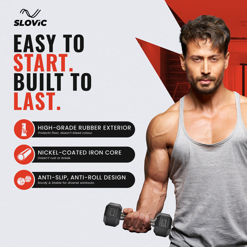 Advertisement for Slovic by Tiger shroff holding a 2.5 kg Hexa dumbbell, featuring product features and brand name.