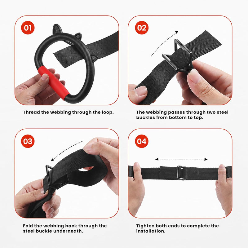 Four-step instructional graphic showing how to install and Slovic adjust a black webbing strap with a red loop and steel buckle. The steps include threading the webbing through the loop, passing it through two steel buckles, folding it back through the buckle underneath, and tightening both ends.