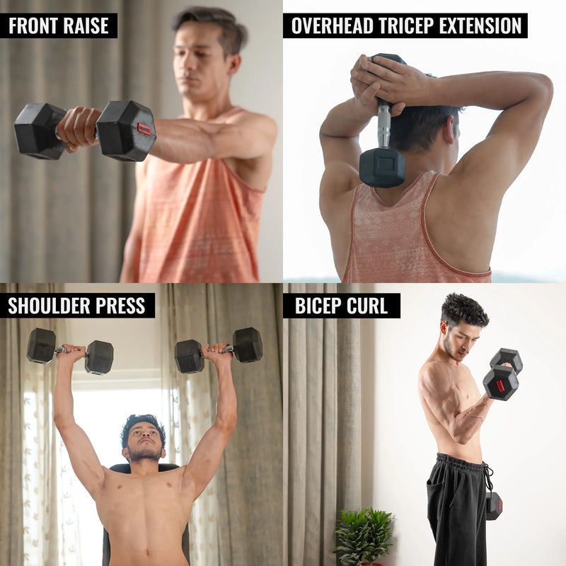 Four different exercises using Slovic dumbbells performed by a man in various poses.