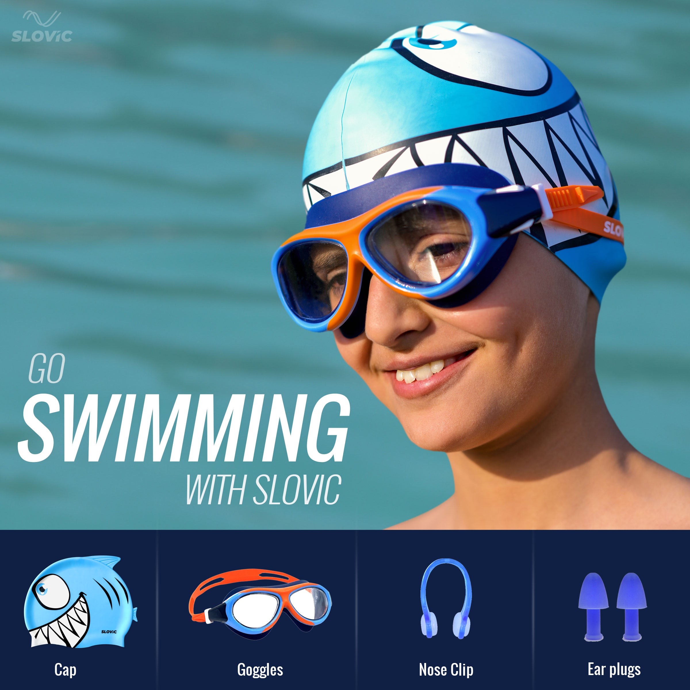 Shark Swimming Combo For Boys – Silicone Cap & Goggles | Anti-Chlorine, Tear-Resist