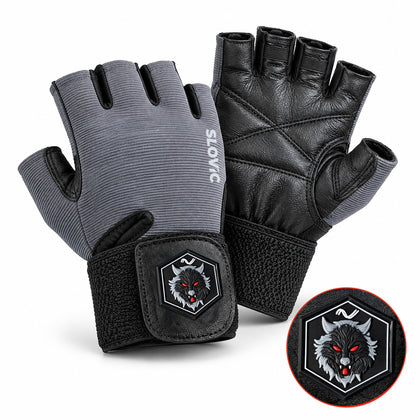 Leather Gym Gloves for Men & Women - Grey with Patch - Weight Training & Workout