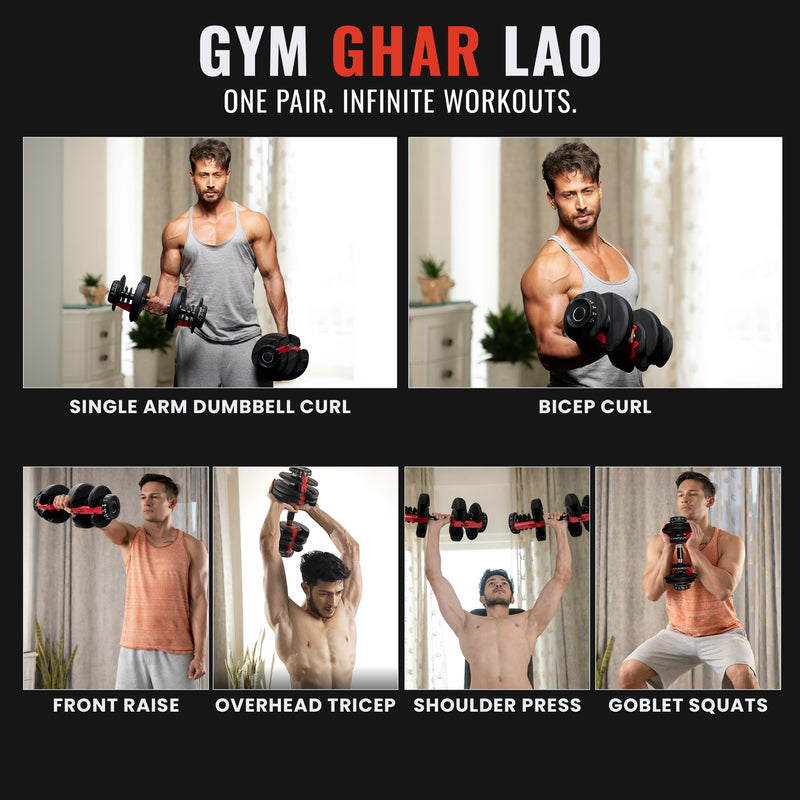 Gym Ghar Lao advertisement showing a man performing various exercises with dumbbells.