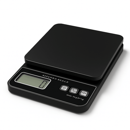 Black digital kitchen scale on a white background