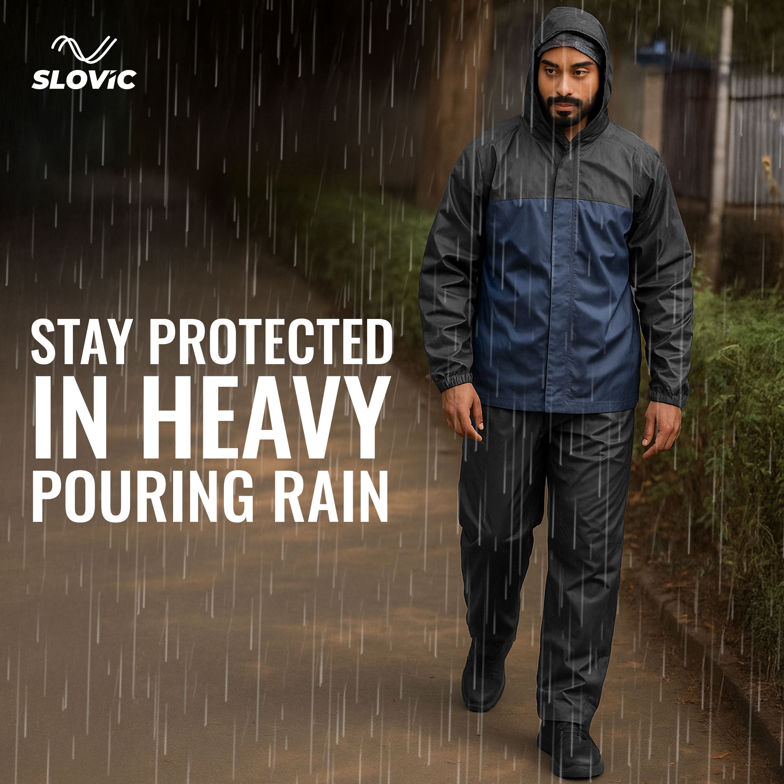 Slovic Men’s Waterproof Rain Coat with Cap & Pant – Outdoor, Navy Blue