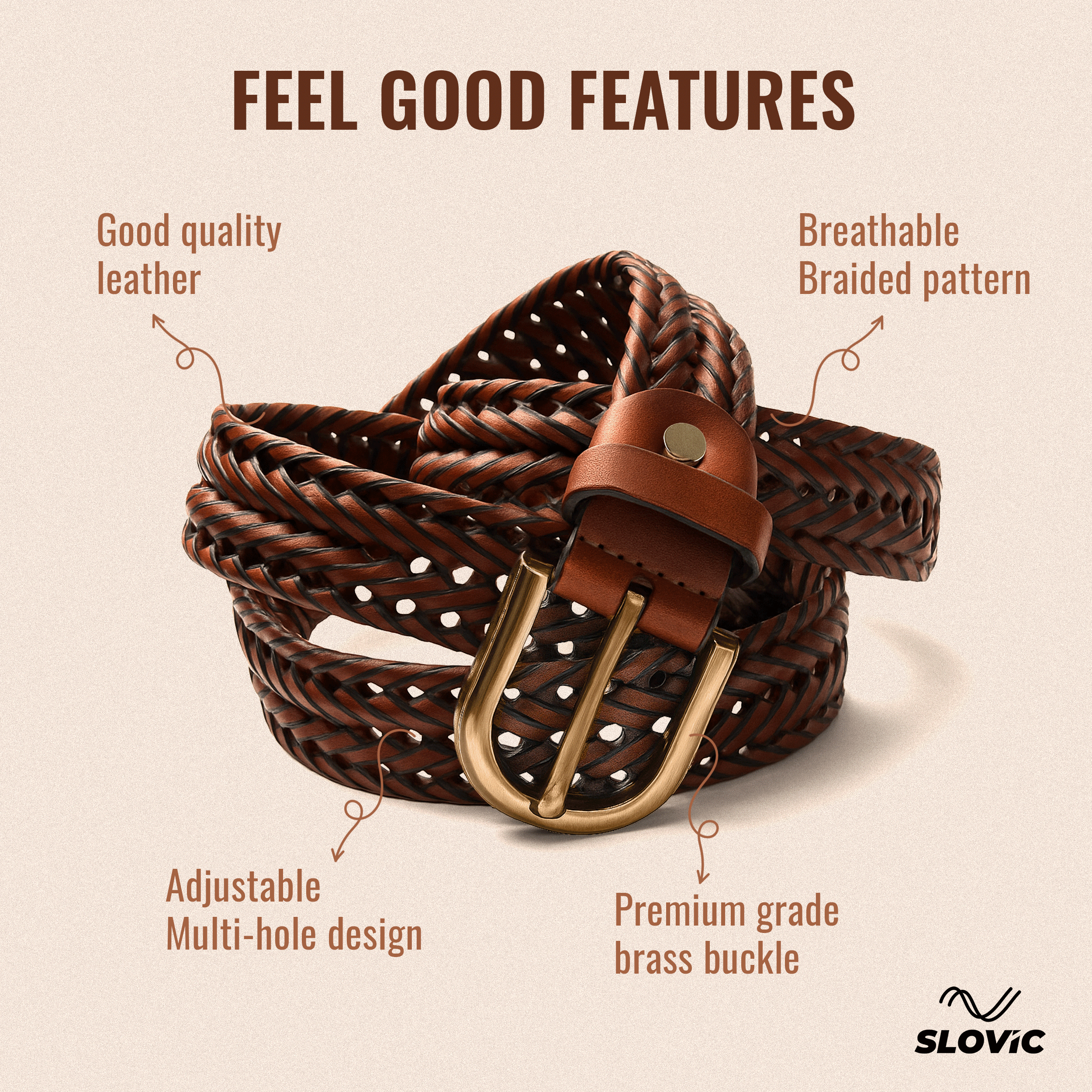 Slovic Braided Belt with Adjustable Multi- hole Designs for Men & Women - Tan