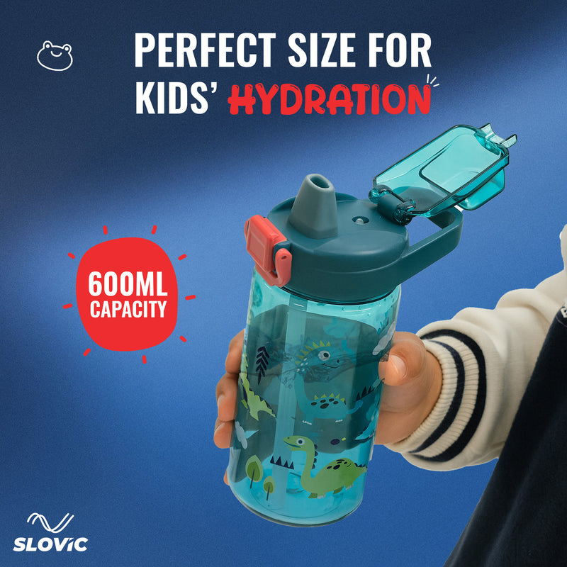 School Kids 600ml Water Bottle - No-Spill Lock - Carry Handle