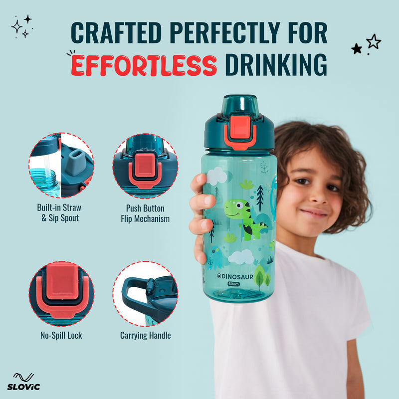 School Kids 600ml Water Bottle - No-Spill Lock - Carry Handle
