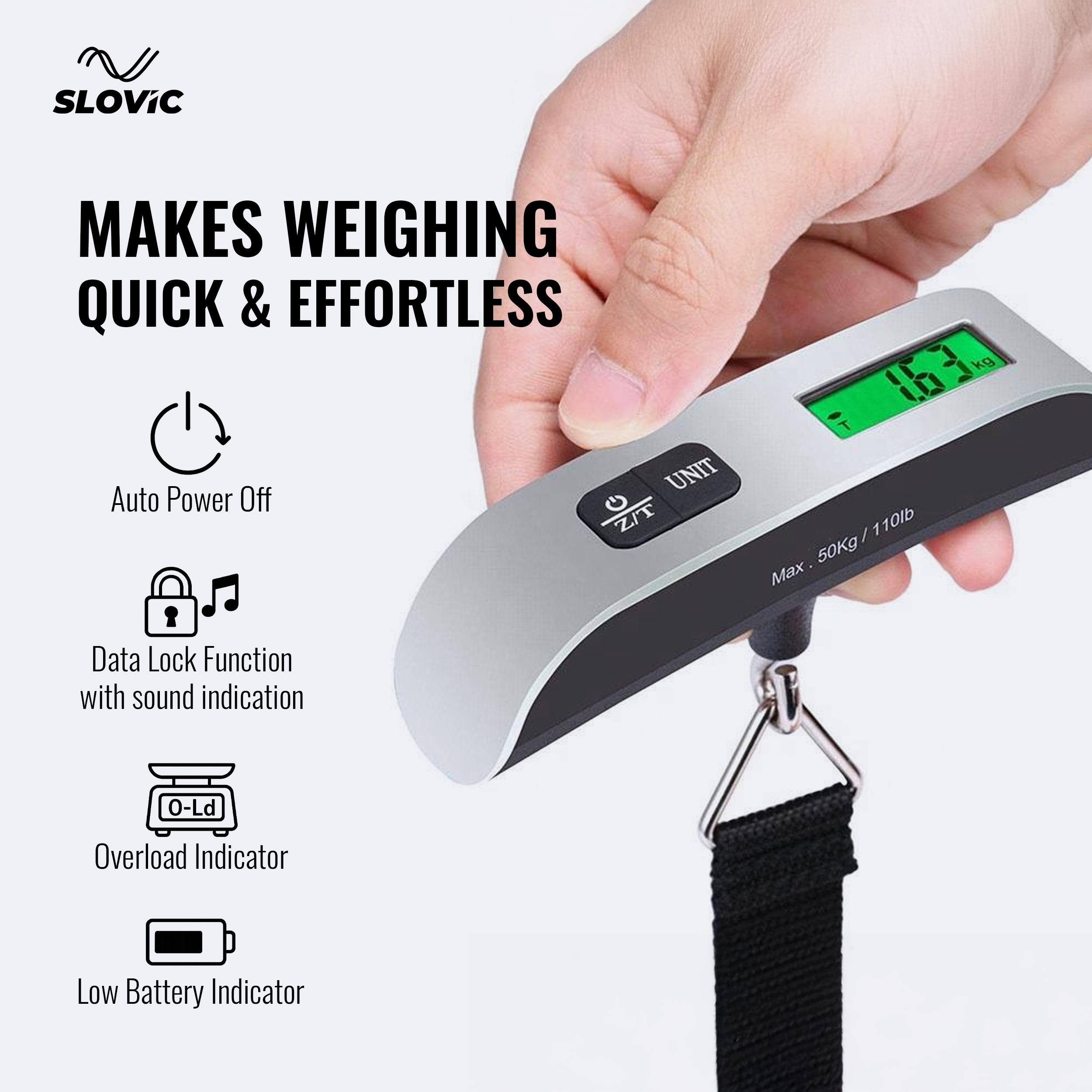 50kg Digital Luggage Scale with LCD Indicator – Black & Silver, Travel Friendly