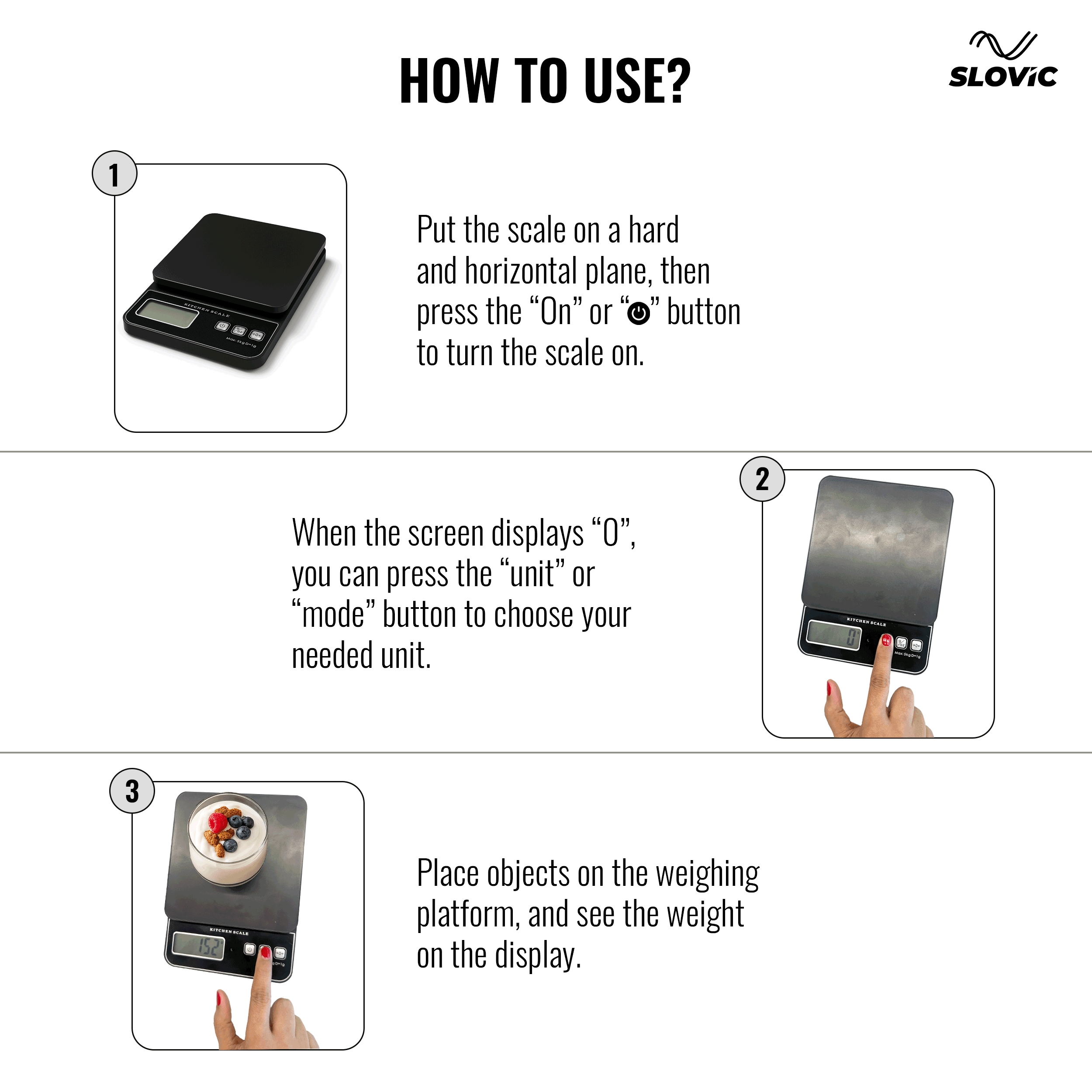Instructions on how to use a digital scale with Slovic branding.
