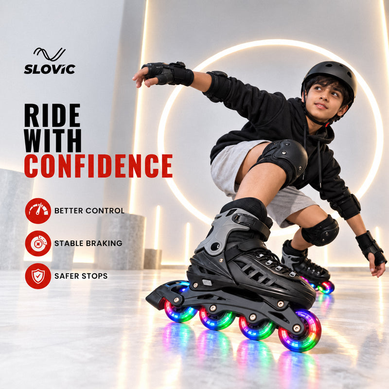 Inline Skating Shoes for Kids - 4 Wheel Roller Skates with RGB - Light Aluminium Frame & ABEC Bearings - Indoor & Outdoor Skates