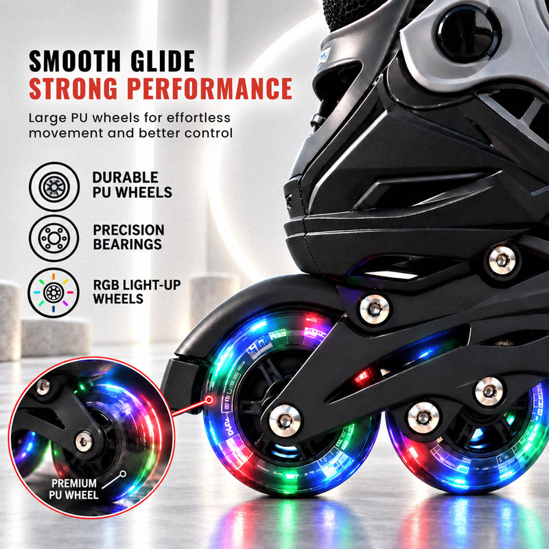 Inline Skating Shoes for Kids - 4 Wheel Roller Skates with RGB - Light Aluminium Frame & ABEC Bearings - Indoor & Outdoor Skates