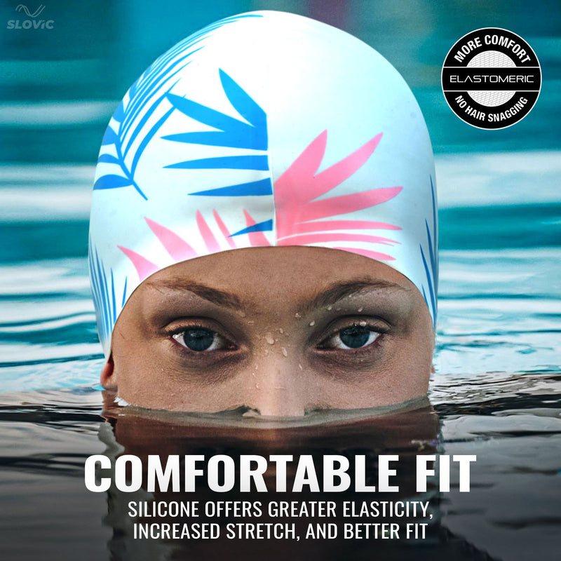 Swimming Cap (Silicone)– White Leaf Pattern, Anti‑Skid, Tear‑Resistant, Free Size (Adult, Unisex)